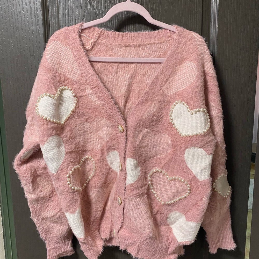Pink Heart Sweater with Pearl Accents
